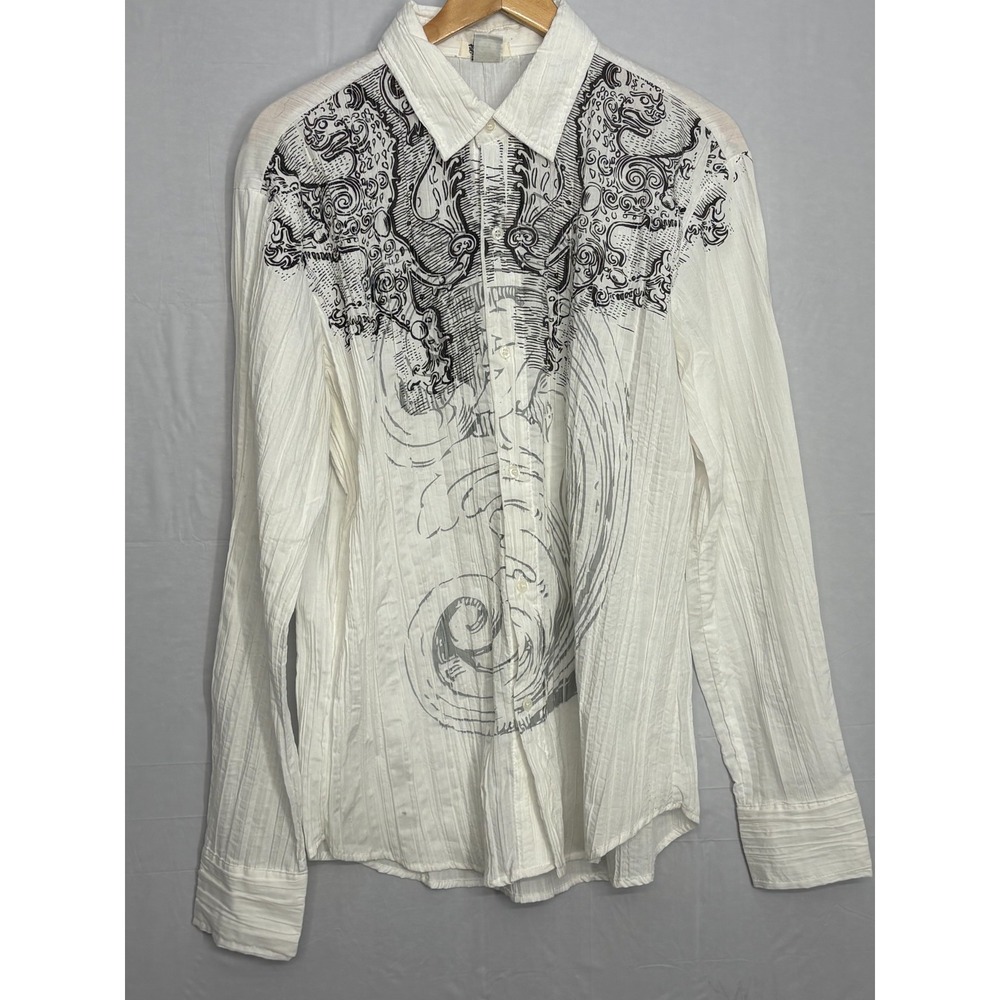 Pop Icon Button-Up Shirt Mens White Distinctive Artwork Large Affliction-Style‎